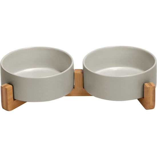 SPUNKYJUNKY Ceramic Double Dog Feeding Bowl with Bamboo Stand, for Cats and Dogs (400 ml, Grey 2) SPUNKYJUNKY Ceramic Double Dog Feeding Bowl with Bamboo Stand, for Cats and Dogs (400 ml, Grey 2)