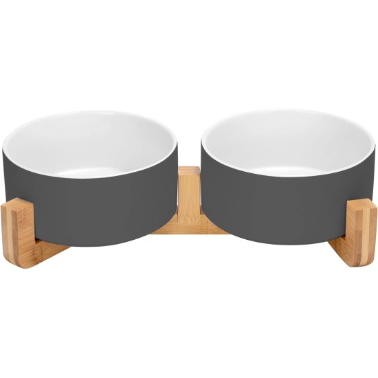 SPUNKYJUNKY Ceramic Double Dog Feeding Bowl with Bamboo Stand, for Cats and Dogs (400 ml, Grey 2) SPUNKYJUNKY Ceramic Double Dog Feeding Bowl with Bamboo Stand, for Cats and Dogs (400 ml, Grey 2)