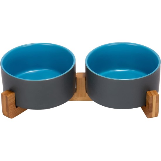 SPUNKYJUNKY Ceramic Double Dog Feeding Bowl with Bamboo Stand, for Cats and Dogs (400 ml, Grey 2) SPUNKYJUNKY Ceramic Double Dog Feeding Bowl with Bamboo Stand, for Cats and Dogs (400 ml, Grey 2)