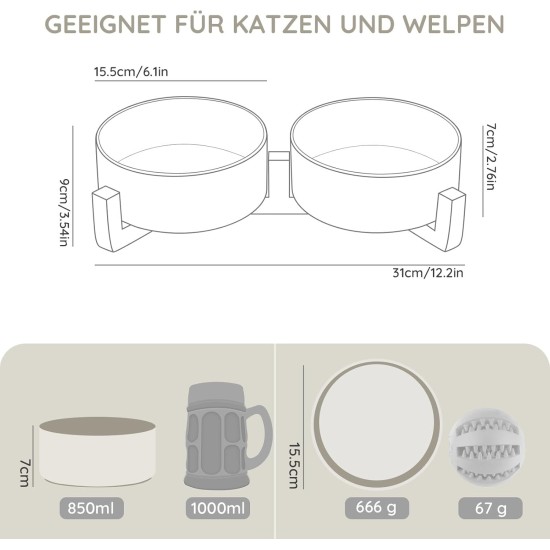 SPUNKYJUNKY Ceramic Double Dog Feeding Bowl with Bamboo Stand, for Cats and Dogs (400 ml, Grey 2) SPUNKYJUNKY Ceramic Double Dog Feeding Bowl with Bamboo Stand, for Cats and Dogs (400 ml, Grey 2)