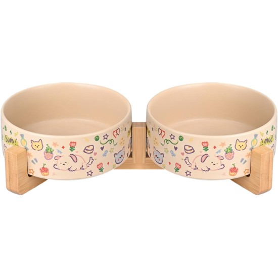 SPUNKYJUNKY Ceramic Double Dog Feeding Bowl with Bamboo Stand, for Cats and Dogs (400 ml, Grey 2) SPUNKYJUNKY Ceramic Double Dog Feeding Bowl with Bamboo Stand, for Cats and Dogs (400 ml, Grey 2)