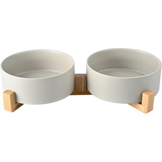 SPUNKYJUNKY Ceramic Double Dog Feeding Bowl with Bamboo Stand, for Cats and Dogs (400 ml, Grey 2) SPUNKYJUNKY Ceramic Double Dog Feeding Bowl with Bamboo Stand, for Cats and Dogs (400 ml, Grey 2)