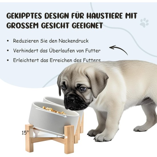 SPUNKYJUNKY Tilting Dog Bowl Ceramic Double Dog Feeding Bowl with Bamboo Stand 0° and 15° Tilt Angle for Pets Cats and Puppies Large Face Dog (850 ml, Grey × 2) SPUNKYJUNKY Tilting Dog Bowl Ceramic Double Dog Feeding Bowl with Bamboo Stand 0° and 15° Tilt Angle for Pets Cats and Puppies Large Face Dog (850 ml, Grey × 2)