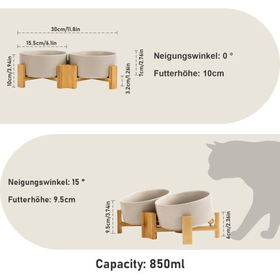 SPUNKYJUNKY Tilting Dog Bowl Ceramic Double Dog Feeding Bowl with Bamboo Stand 0° and 15° Tilt Angle for Pets Cats and Puppies Large Face Dog (850 ml, Grey × 2) SPUNKYJUNKY Tilting Dog Bowl Ceramic Double Dog Feeding Bowl with Bamboo Stand 0° and 15° Tilt Angle for Pets Cats and Puppies Large Face Dog (850 ml, Grey × 2)