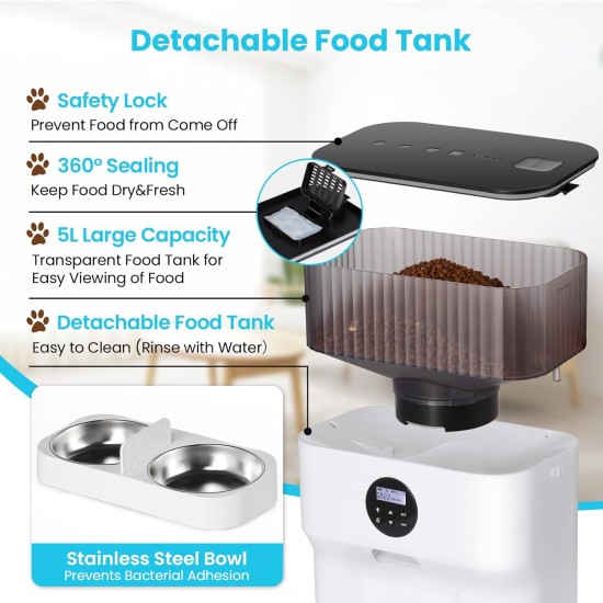 Sailnovo Automatic Feeder for Two Cats, Pet Dry Food Dispenser with Two Stainless Steel Bowls, 10s Voice Reminder, up to 80 Servings and 4 Meals a Day for Cat and Dog, White, 5 L Sailnovo Automatic Feeder for Two Cats, Pet Dry Food Dispenser with Two Stainless Steel Bowls, 10s Voice Reminder, up to 80 Servings and 4 Meals a Day for Cat and Dog, White, 5 L