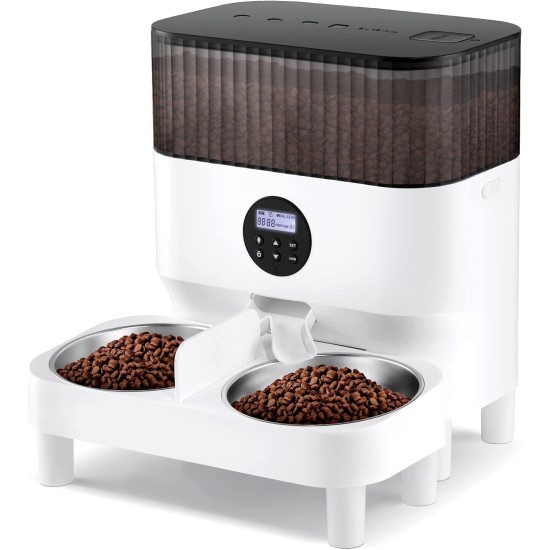 Sailnovo Automatic Feeder for Two Cats, Pet Dry Food Dispenser with Two Stainless Steel Bowls, 10s Voice Reminder, up to 80 Servings and 4 Meals a Day for Cat and Dog, White, 5 L