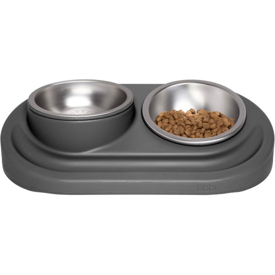 Ubbi Pet Feeding Bowls Set, One Elevated and One Flat Stainless Steel Bowl with Non-Slip Mat, Pet Feeder Bowls for Dogs or Cats, Ergonomic Design, Charcoal