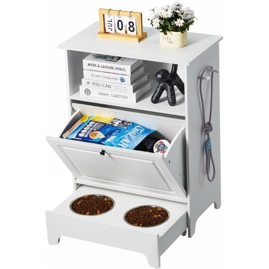 VEVOR Dog Cupboard Feeding Station with 2 Stainless Steel Bowls 60 x 35 x 80 cm, Raised Dog Bowls with Storage Space, Pet Food Cabinet, Feeding Bowl, Dog Bowl Stand, Bowl Bar, Dog Bar for Small Dogs