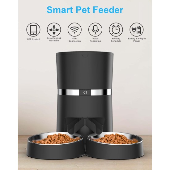 WellToBe Smart Automatic Cat & Dog Feeder WiFi Automatic Feeder for 2 Cats, Pet Feeder with Timer, Sound Recording Function, App Control, Portion, for 6 Meals a Day (Black) WellToBe Smart Automatic Cat & Dog Feeder WiFi Automatic Feeder for 2 Cats, Pet Feeder with Timer, Sound Recording Function, App Control, Portion, for 6 Meals a Day (Black)