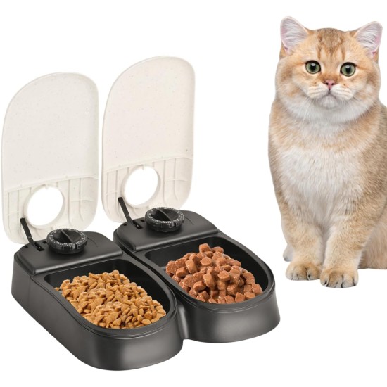 Wuudi Automatic Cat Feeder for 2 Meals Automatic Feeder Dogs with Timer, Pet Feeder Feeding Bowl Wet Food Suitable for Dry Food, Small to Medium Pets