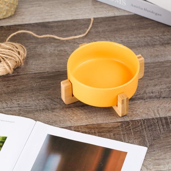Yellow Ceramic Dog Bowl, Feeding Bowl for Dogs and Cats with Solid Wood Stand Yellow Ceramic Dog Bowl, Feeding Bowl for Dogs and Cats with Solid Wood Stand