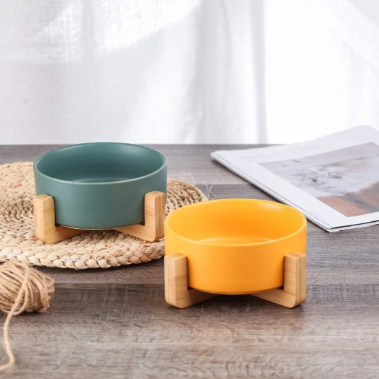 Yellow Ceramic Dog Bowl, Feeding Bowl for Dogs and Cats with Solid Wood Stand Yellow Ceramic Dog Bowl, Feeding Bowl for Dogs and Cats with Solid Wood Stand