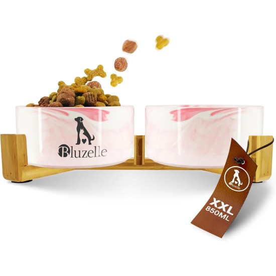 bluzelle Balance Bowl 2-in-1 Dog Bowl Set XXL, 2 x 850 ml Ceramic Bowls with Bamboo Wooden Frame, Non-Slip Feeding Bowl for Dogs and Cats, for Dry Food, Wet Food, Water (Marble, Pink) bluzelle Balance Bowl 2-in-1 Dog Bowl Set XXL, 2 x 850 ml Ceramic Bowls with Bamboo Wooden Frame, Non-Slip Feeding Bowl for Dogs and Cats, for Dry Food, Wet Food, Water (Marble, Pink)
