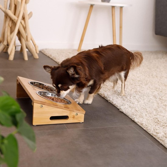 lionto Raised Bamboo Dog Bowl, 35 x 20 x 10 cm, Double Feeding Bowl for Dogs and Cats, 2 Dishwasher-Safe Stainless Steel Bowls Diameter 14 cm, Capacity per Bowl 250 ml, Non-Slip and Gentle on the lionto Raised Bamboo Dog Bowl, 35 x 20 x 10 cm, Double Feeding Bowl for Dogs and Cats, 2 Dishwasher-Safe Stainless Steel Bowls Diameter 14 cm, Capacity per Bowl 250 ml, Non-Slip and Gentle on the