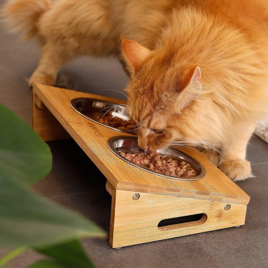 lionto Raised Bamboo Dog Bowl, 35 x 20 x 10 cm, Double Feeding Bowl for Dogs and Cats, 2 Dishwasher-Safe Stainless Steel Bowls Diameter 14 cm, Capacity per Bowl 250 ml, Non-Slip and Gentle on the lionto Raised Bamboo Dog Bowl, 35 x 20 x 10 cm, Double Feeding Bowl for Dogs and Cats, 2 Dishwasher-Safe Stainless Steel Bowls Diameter 14 cm, Capacity per Bowl 250 ml, Non-Slip and Gentle on the