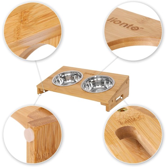 lionto Raised Bamboo Dog Bowl, 35 x 20 x 10 cm, Double Feeding Bowl for Dogs and Cats, 2 Dishwasher-Safe Stainless Steel Bowls Diameter 14 cm, Capacity per Bowl 250 ml, Non-Slip and Gentle on the lionto Raised Bamboo Dog Bowl, 35 x 20 x 10 cm, Double Feeding Bowl for Dogs and Cats, 2 Dishwasher-Safe Stainless Steel Bowls Diameter 14 cm, Capacity per Bowl 250 ml, Non-Slip and Gentle on the