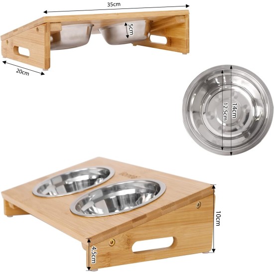 lionto Raised Bamboo Dog Bowl, 35 x 20 x 10 cm, Double Feeding Bowl for Dogs and Cats, 2 Dishwasher-Safe Stainless Steel Bowls Diameter 14 cm, Capacity per Bowl 250 ml, Non-Slip and Gentle on the lionto Raised Bamboo Dog Bowl, 35 x 20 x 10 cm, Double Feeding Bowl for Dogs and Cats, 2 Dishwasher-Safe Stainless Steel Bowls Diameter 14 cm, Capacity per Bowl 250 ml, Non-Slip and Gentle on the