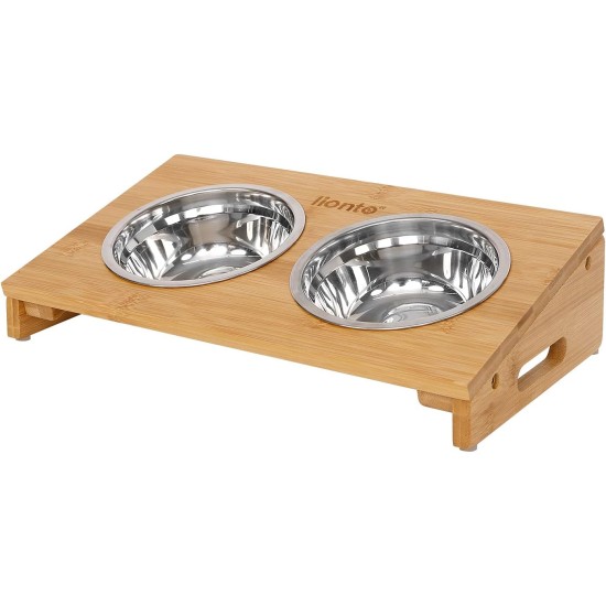 lionto Raised Bamboo Dog Bowl, 35 x 20 x 10 cm, Double Feeding Bowl for Dogs and Cats, 2 Dishwasher-Safe Stainless Steel Bowls Diameter 14 cm, Capacity per Bowl 250 ml, Non-Slip and Gentle on the lionto Raised Bamboo Dog Bowl, 35 x 20 x 10 cm, Double Feeding Bowl for Dogs and Cats, 2 Dishwasher-Safe Stainless Steel Bowls Diameter 14 cm, Capacity per Bowl 250 ml, Non-Slip and Gentle on the