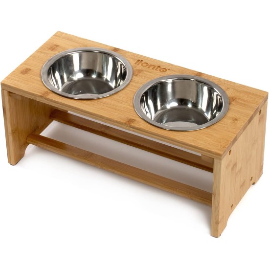 lionto Raised Dog Bowl Made of Robust and Easy-Care Bamboo, 44 x 20 x 19 cm, Double Feeding Bowl for Dogs and Cats, 2 Stainless Steel Bowls Diameter 14 cm and 550 ml Capacity Each Non-Slip and Gentle