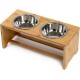 lionto Raised Dog Bowl Made of Robust and Easy-Care Bamboo, 44 x 20 x 19 cm, Double Feeding Bowl for Dogs and Cats, 2 Stainless Steel Bowls Diameter 14 cm and 550 ml Capacity Each Non-Slip and Gentle