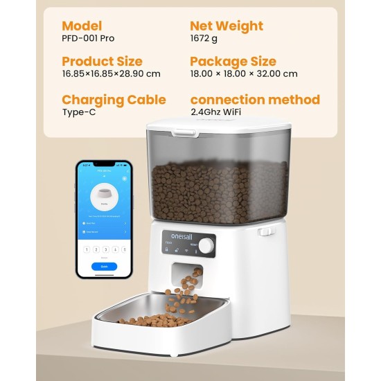 oneisall 3.5 L Automatic Cat Feeder, WiFi Intelligent Cat Food, App Control, 1-10 Meals a Day, Feeder for Cats/Dogs, with Stainless Steel Bowl oneisall 3.5 L Automatic Cat Feeder, WiFi Intelligent Cat Food, App Control, 1-10 Meals a Day, Feeder for Cats/Dogs, with Stainless Steel Bowl