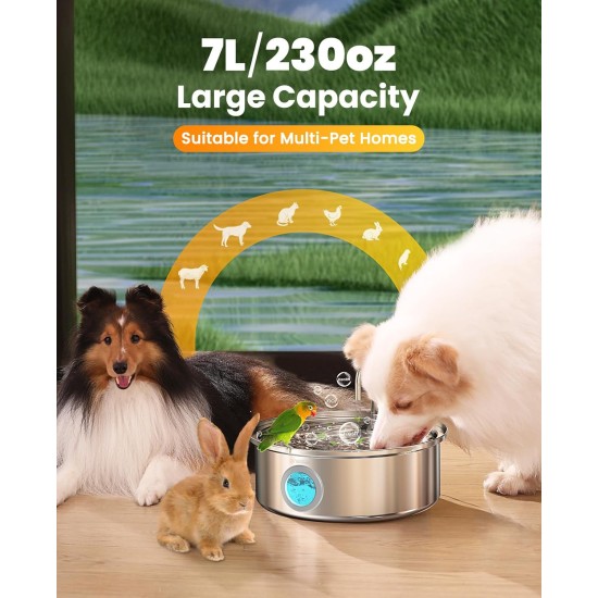 oneisall 7L Drinking Fountain for Dogs, Stainless Steel Dog Fountain with Large Viewing Window, Water Dispenser with LED Light, Ultralight Pump with Overload Protection, 5-Layer Filtration oneisall 7L Drinking Fountain for Dogs, Stainless Steel Dog Fountain with Large Viewing Window, Water Dispenser with LED Light, Ultralight Pump with Overload Protection, 5-Layer Filtration