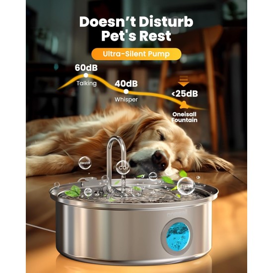 oneisall 7L Drinking Fountain for Dogs, Stainless Steel Dog Fountain with Large Viewing Window, Water Dispenser with LED Light, Ultralight Pump with Overload Protection, 5-Layer Filtration oneisall 7L Drinking Fountain for Dogs, Stainless Steel Dog Fountain with Large Viewing Window, Water Dispenser with LED Light, Ultralight Pump with Overload Protection, 5-Layer Filtration