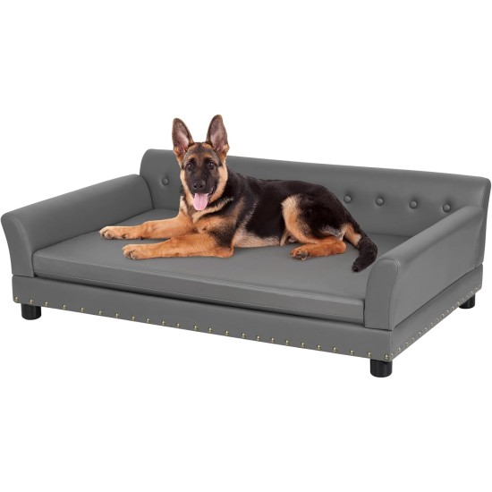 BingoPaw Luxury Dog Sofa for Large Dogs: XXL Dog Couch Made of Breathable Waterproof Leather, Mordern Pet Sofa with Backrest, Orthopaedic Dog Cushion and Wooden Legs, Grey, 120 x 74 x 40 cm