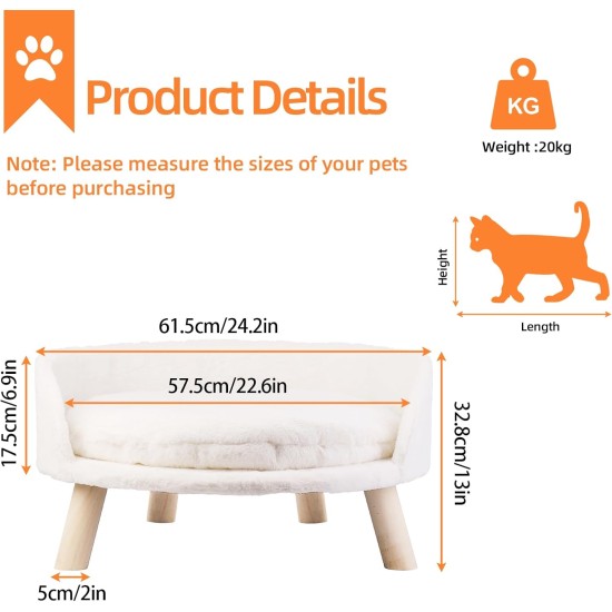 BingoPaw Raised Cat Sofa, Dog Sofa, for Cats, Puppy, Dogs, Avant-Garde Style Pet Sofa, Cat Stool with Wooden Legs, Sturdy Structure Cat Bed with Comfortable Cushion, 40/60 cm, White BingoPaw Raised Cat Sofa, Dog Sofa, for Cats, Puppy, Dogs, Avant-Garde Style Pet Sofa, Cat Stool with Wooden Legs, Sturdy Structure Cat Bed with Comfortable Cushion, 40/60 cm, White