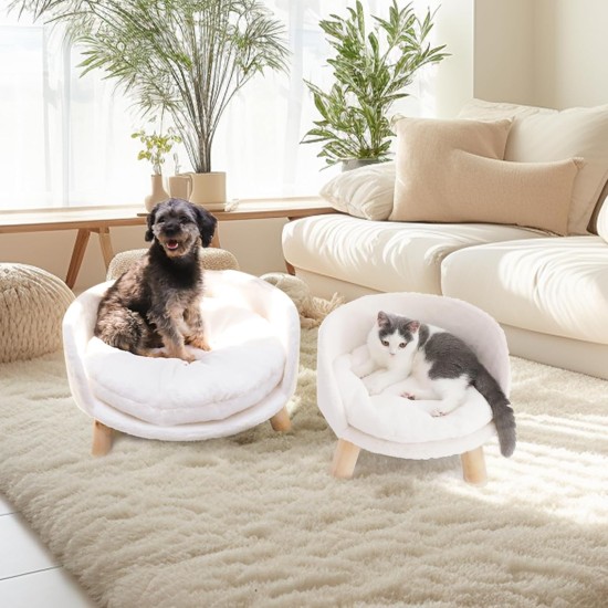 BingoPaw Raised Cat Sofa, Dog Sofa, for Cats, Puppy, Dogs, Avant-Garde Style Pet Sofa, Cat Stool with Wooden Legs, Sturdy Structure Cat Bed with Comfortable Cushion, 40/60 cm, White BingoPaw Raised Cat Sofa, Dog Sofa, for Cats, Puppy, Dogs, Avant-Garde Style Pet Sofa, Cat Stool with Wooden Legs, Sturdy Structure Cat Bed with Comfortable Cushion, 40/60 cm, White