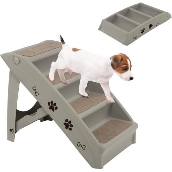 COSTWAY 4-Tier Pet Stairs with Carpeted, Dog Stairs Plastic Cat Stairs Foldable Dog Ramp Portable Pet Stairs for Dogs and Cats, Animal Ramp for Climbing and Scratching (Grey)
