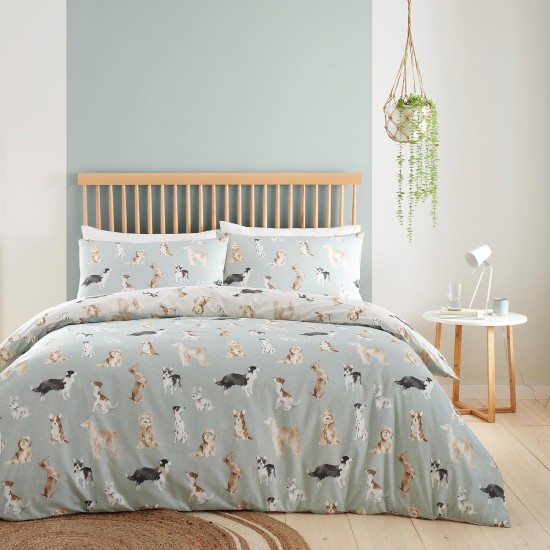 Dog Duvet Cover Double (200 x 200 cm) Reversible Design (Beige and Duck Egg Blue) Paw Print Duvet Cover Dog Print Shih Tzu French Bull and Poodle