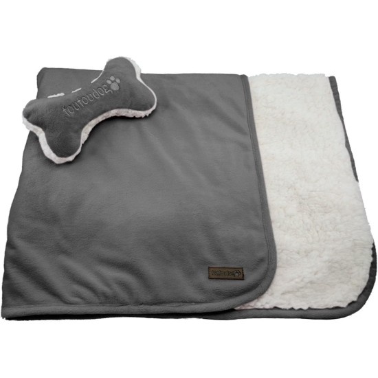 FouFou Dog Luxe Sherpa Puppy Blanket Set with Bone Pillow, Charcoal Grey