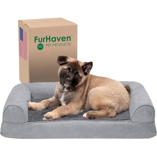 Furhaven Pet Faux Fur & Velvet Memory Top Sofa Pet Bed, Medium, Dark Sage Furhaven Pet Faux Fur & Velvet Memory Top Sofa Pet Bed, Medium, Dark Sage