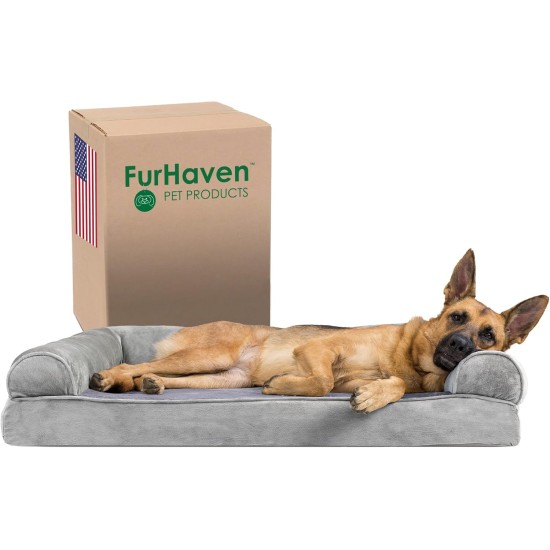 Furhaven Pet Faux Fur & Velvet Memory Top Sofa Pet Bed, Medium, Dark Sage Furhaven Pet Faux Fur & Velvet Memory Top Sofa Pet Bed, Medium, Dark Sage