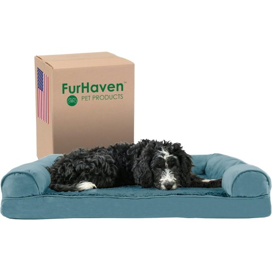 Furhaven Pet Faux Fur & Velvet Memory Top Sofa Pet Bed, Medium, Dark Sage Furhaven Pet Faux Fur & Velvet Memory Top Sofa Pet Bed, Medium, Dark Sage