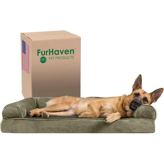 Furhaven Pet Faux Fur & Velvet Memory Top Sofa Pet Bed, Medium, Dark Sage Furhaven Pet Faux Fur & Velvet Memory Top Sofa Pet Bed, Medium, Dark Sage