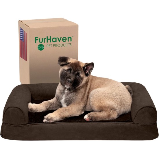 Furhaven Pet Faux Fur & Velvet Memory Top Sofa Pet Bed, Medium, Dark Sage Furhaven Pet Faux Fur & Velvet Memory Top Sofa Pet Bed, Medium, Dark Sage