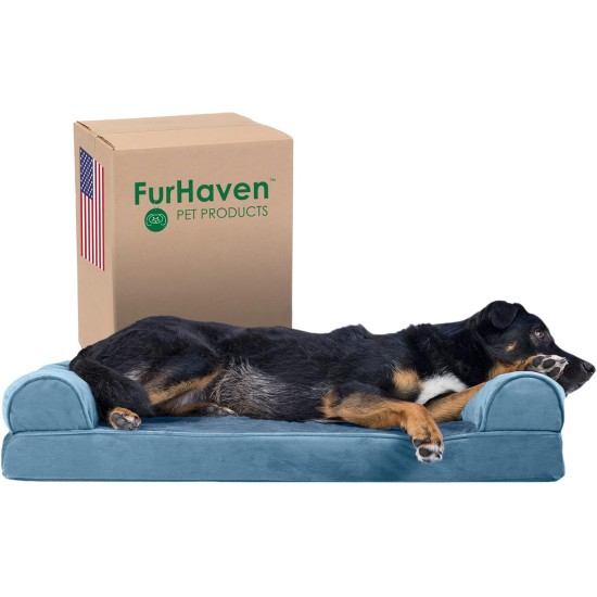 Furhaven Pet Faux Fur & Velvet Memory Top Sofa Pet Bed, Medium, Dark Sage Furhaven Pet Faux Fur & Velvet Memory Top Sofa Pet Bed, Medium, Dark Sage