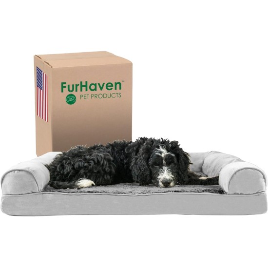 Furhaven Pet Faux Fur & Velvet Memory Top Sofa Pet Bed, Medium, Dark Sage Furhaven Pet Faux Fur & Velvet Memory Top Sofa Pet Bed, Medium, Dark Sage