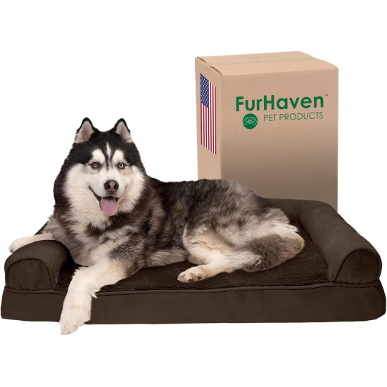 Furhaven Pet Faux Fur & Velvet Memory Top Sofa Pet Bed, Medium, Dark Sage Furhaven Pet Faux Fur & Velvet Memory Top Sofa Pet Bed, Medium, Dark Sage