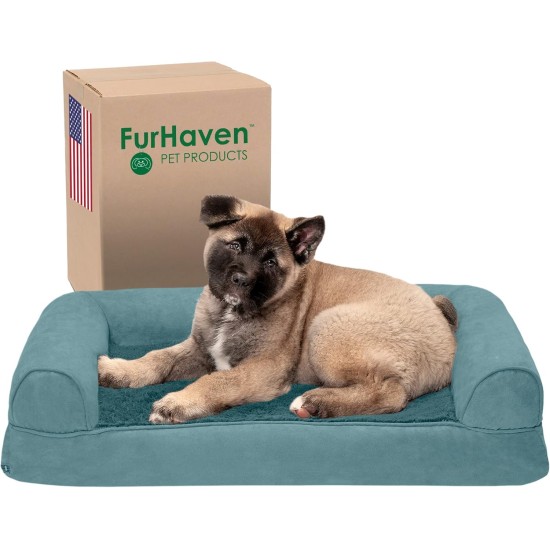 Furhaven Pet Faux Fur & Velvet Memory Top Sofa Pet Bed, Medium, Dark Sage Furhaven Pet Faux Fur & Velvet Memory Top Sofa Pet Bed, Medium, Dark Sage