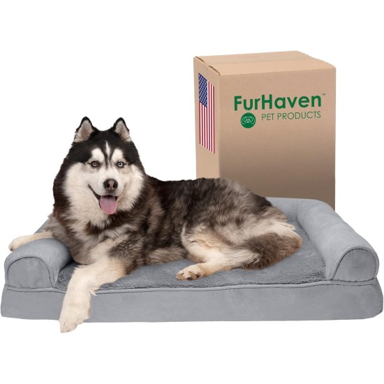 Furhaven Pet Faux Fur & Velvet Memory Top Sofa Pet Bed, Medium, Dark Sage Furhaven Pet Faux Fur & Velvet Memory Top Sofa Pet Bed, Medium, Dark Sage