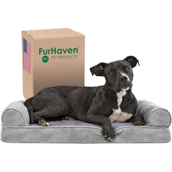 Furhaven Pet Faux Fur & Velvet Memory Top Sofa Pet Bed, Medium, Dark Sage Furhaven Pet Faux Fur & Velvet Memory Top Sofa Pet Bed, Medium, Dark Sage
