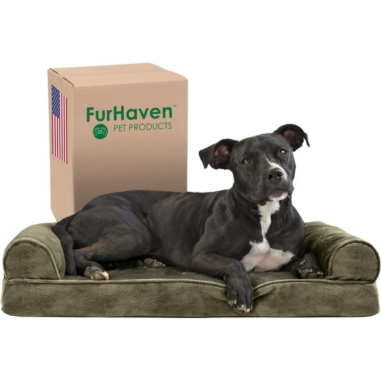 Furhaven Pet Faux Fur & Velvet Memory Top Sofa Pet Bed, Medium, Dark Sage Furhaven Pet Faux Fur & Velvet Memory Top Sofa Pet Bed, Medium, Dark Sage