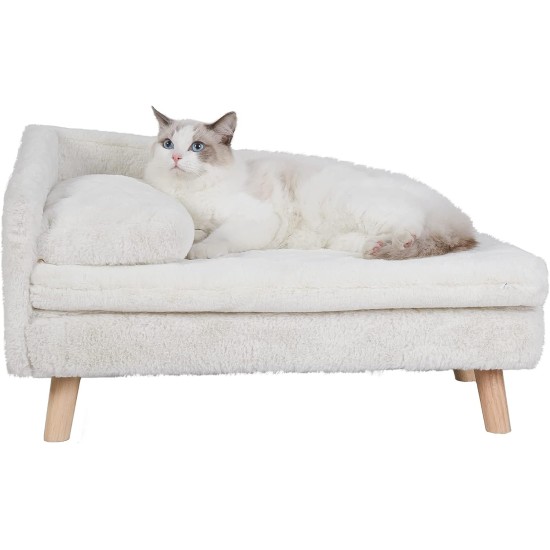 Luxury Cat Sofa, Pet Sofa with Backrest, Plush Cushion, Wooden Legs, Dog Sofa for Small Dogs, Relaxing Chair, Cat Chair for Large Cats, 70 x 40 x 39 cm, Beige