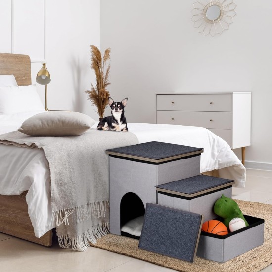 Relaxdays Dog Stairs 3 Steps with Cave & Storage Space, Dogs & Cats, H x W x D: 41.5 x 72 x 33 cm, Foldable Animal Stairs, Grey Relaxdays Dog Stairs 3 Steps with Cave & Storage Space, Dogs & Cats, H x W x D: 41.5 x 72 x 33 cm, Foldable Animal Stairs, Grey