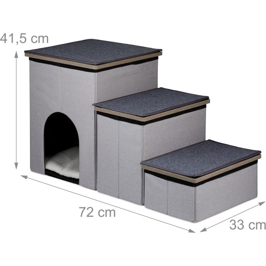 Relaxdays Dog Stairs 3 Steps with Cave & Storage Space, Dogs & Cats, H x W x D: 41.5 x 72 x 33 cm, Foldable Animal Stairs, Grey Relaxdays Dog Stairs 3 Steps with Cave & Storage Space, Dogs & Cats, H x W x D: 41.5 x 72 x 33 cm, Foldable Animal Stairs, Grey