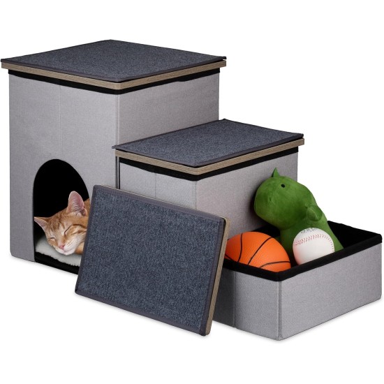 Relaxdays Dog Stairs 3 Steps with Cave & Storage Space, Dogs & Cats, H x W x D: 41.5 x 72 x 33 cm, Foldable Animal Stairs, Grey