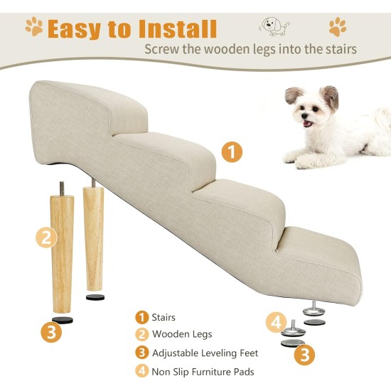 Senneny Dog Stairs Faux Leather Waterproof Scratch-Resistant with High Density Foam and Removable Wooden Legs, Light Beige, 4 Steps Senneny Dog Stairs Faux Leather Waterproof Scratch-Resistant with High Density Foam and Removable Wooden Legs, Light Beige, 4 Steps